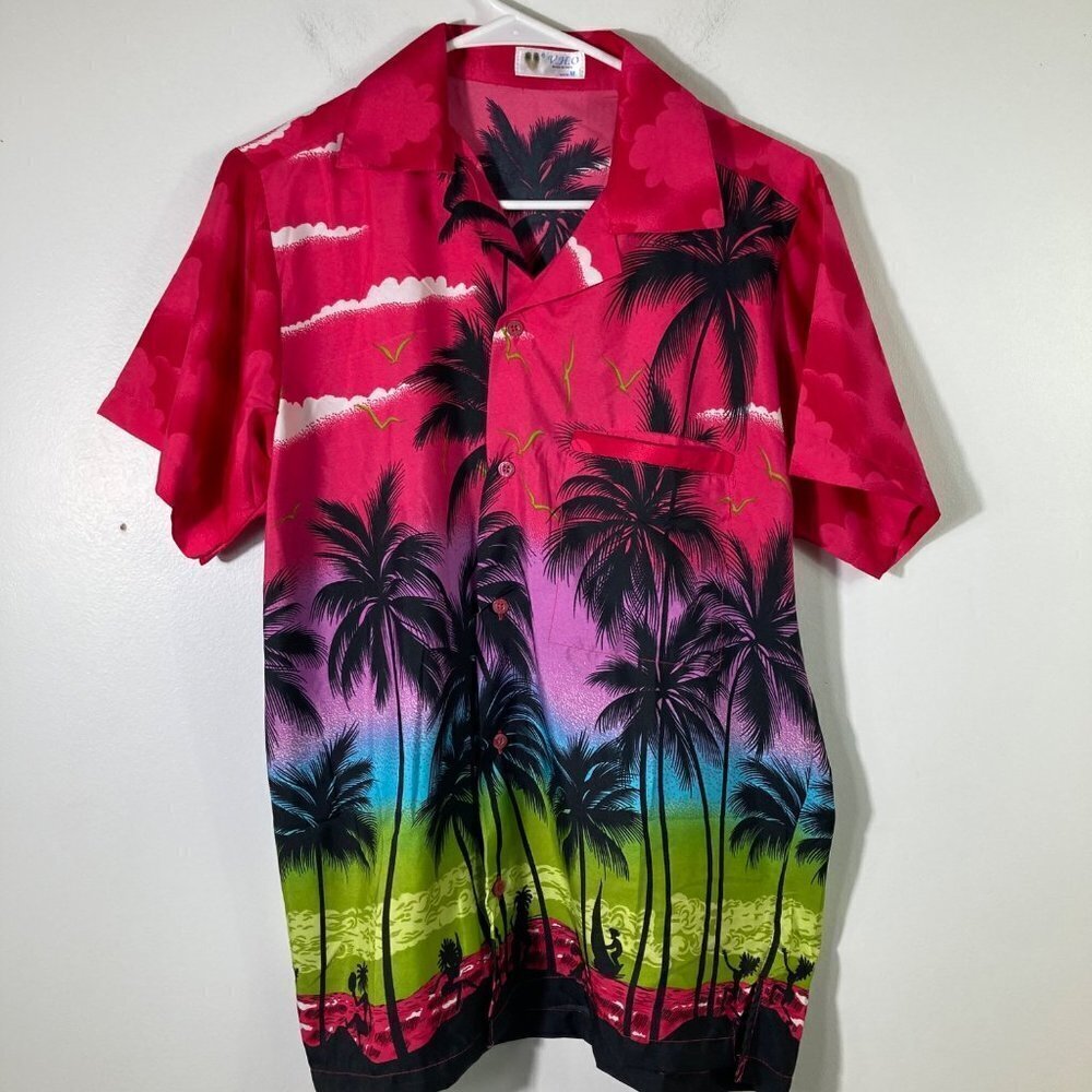 Mens Terivoile VHO Hawaiian Shirt Short‎ Sleeve Pink Rainbow Palm Trees M